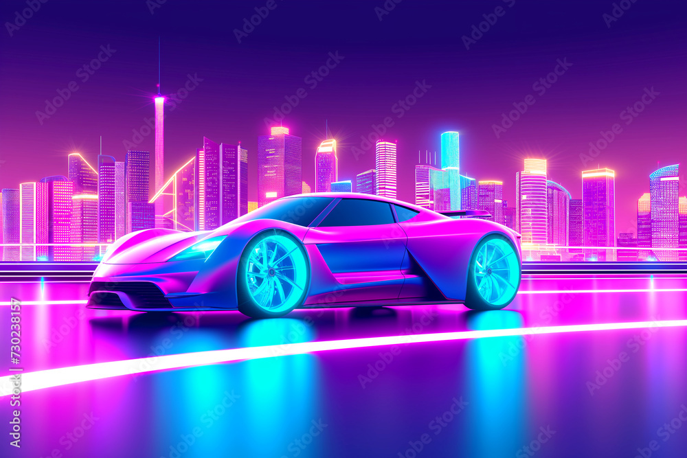 Future concept. Sports cars against the backdrop of city streets. Neon lighting. Cyberpunk style.