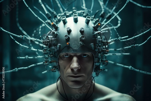 Innovative Man with brain electrodes futuristic helmet. Human intellectual research and capabilities monitoring. Generate ai photo