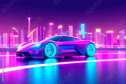 Future concept. Sports cars against the backdrop of city streets. Neon lighting. Cyberpunk style.