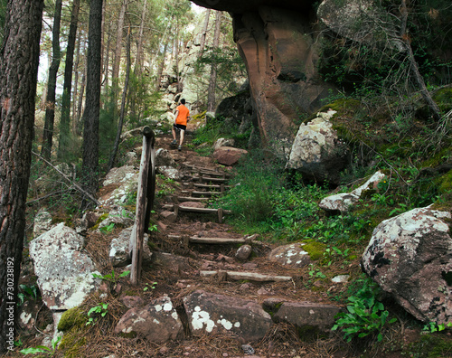 A person wearing a naraja climbing stairs leading through the Rodeno pine forest in Albarracin, Aragon, Spain, photo