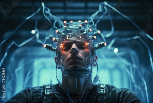 Cutting-edge Man with brain electrodes futuristic helmet. Human intellectual research and capabilities monitoring. Generate ai