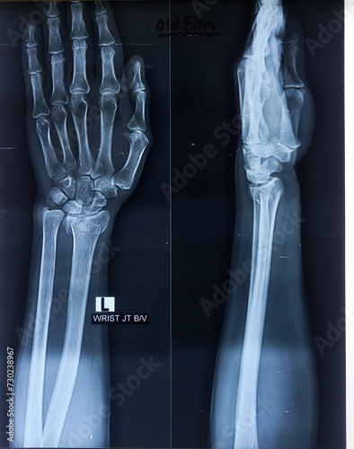 X-ray image of Wrist joint both view. Comminuted fracture is noted at the lower end of radius. photo