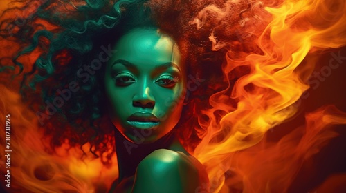 Emerald Gaze in Fiery Dreamscape. African woman s intense gaze  emerald light  fiery backdrop.