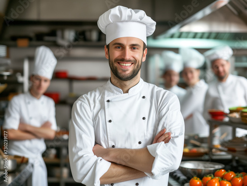 Portrait of the chef against the background of his team in the kitchen in special clothing for Chefs