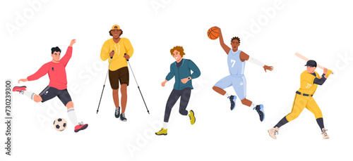 A set with vector images of male athletes. Young men play sports. Team play, football, basketball, baseball, Nordic walking, running. Illustration in a flat style, isolated on a white background