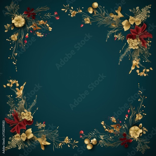 a christmas frame on a dark Teal background with gold decorations