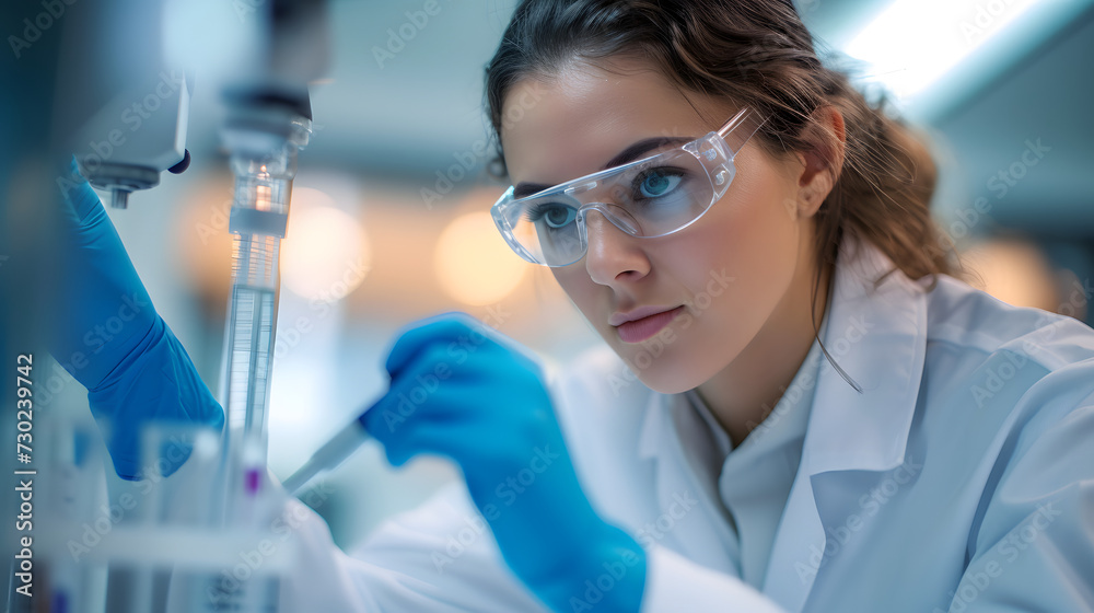Female scientist pipetting sample into dish for DNA testing in laboratory Female scientist pipetting sample into dish for DNA testing in laboratory