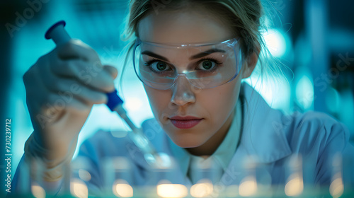 Female scientist pipetting sample into dish for DNA testing in laboratory