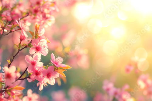 Blooming Sakura Flowers And Sky - Spring Background With Defocused abstract Light