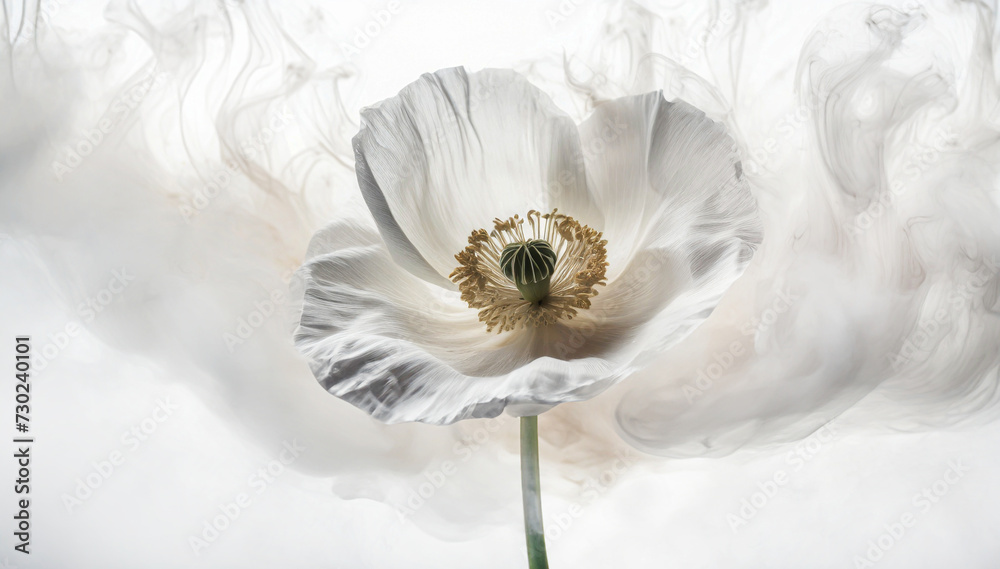 Biały  kwiat mak, abstrakcyjny dym. Pastelowe tło kwiatowe - obrazy, fototapety, plakaty 