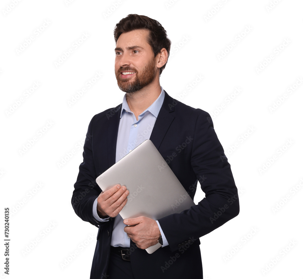 Portrait of smiling man with laptop on white background. Lawyer, businessman, accountant or manager Portrait of smiling man with laptop on white background. Lawyer, businessman, accountant or manager