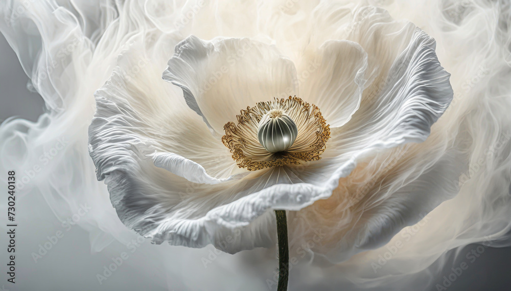 Biały pastelowy kwiat mak, abstrakcyjny dym - obrazy, fototapety, plakaty 