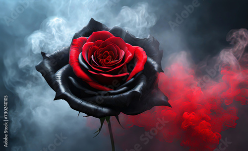 Róża, czerwono czarny kwiat w dymie photo