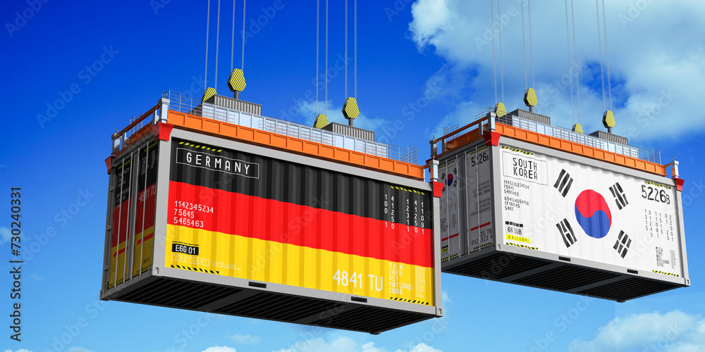 Shipping containers with flags of Germany and South Korea - 3D illustration