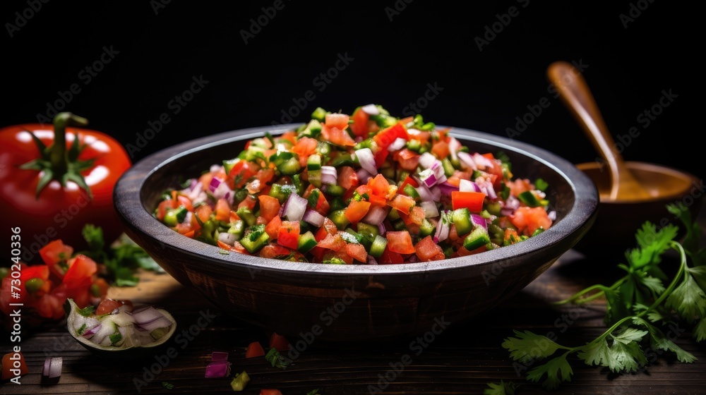 Plate of tasty Pico de Gallo salsa on dark background Plate of tasty Pico de Gallo salsa on dark background