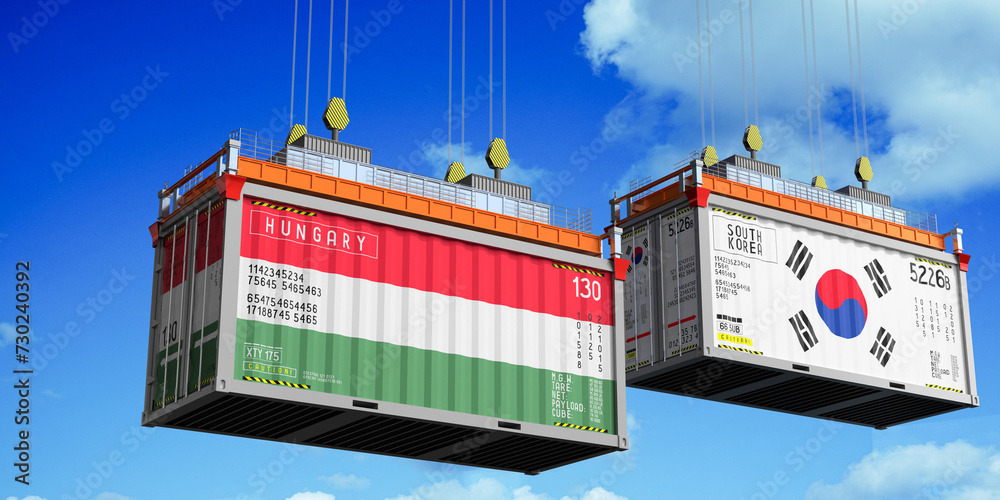 Shipping containers with flags of Hungary and South Korea - 3D illustration