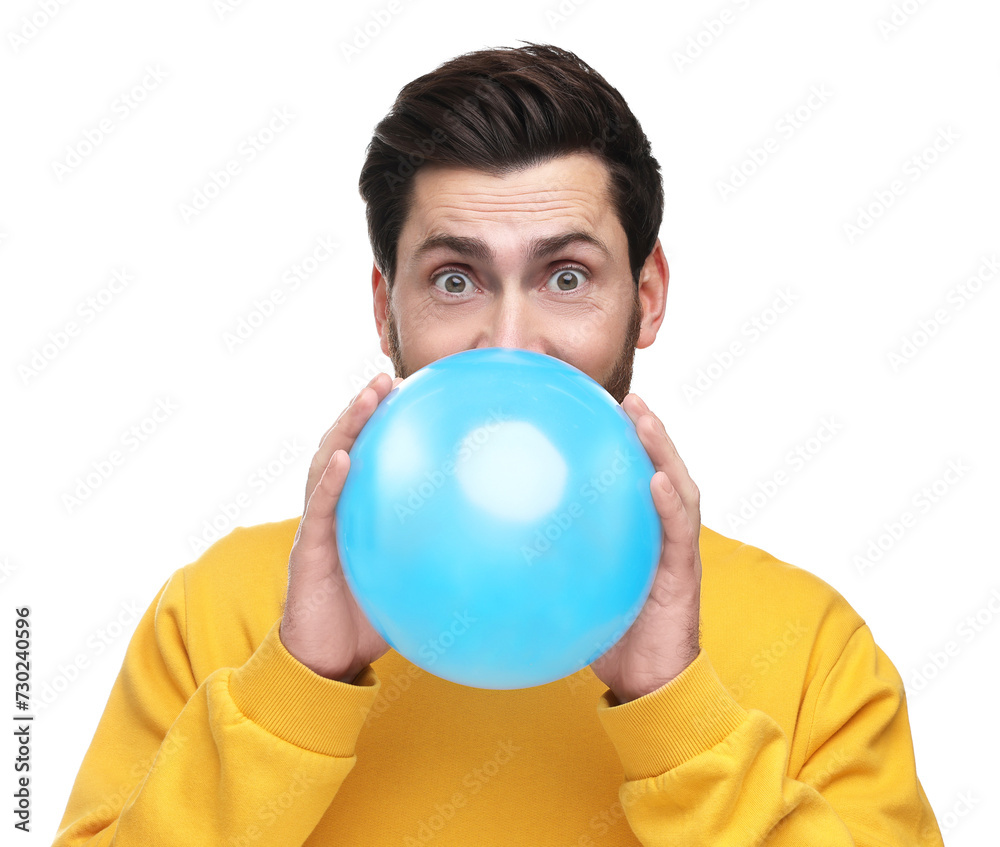 Man inflating light blue balloon on white background Man inflating light blue balloon on white background