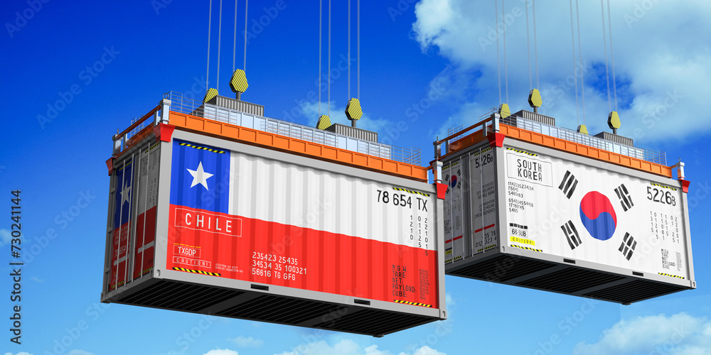 Shipping containers with flags of Chile and South Korea - 3D illustration