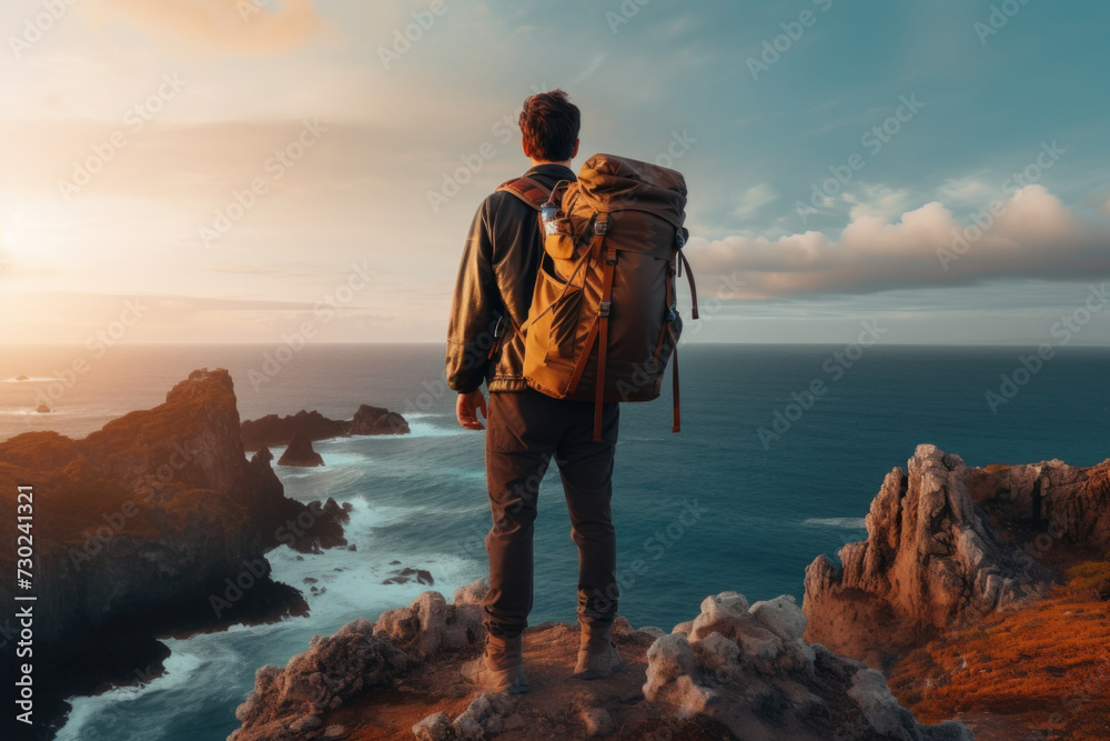 Solo Hiker Overlooking Rugged Coastal Landscape Solo Hiker Overlooking Rugged Coastal Landscape