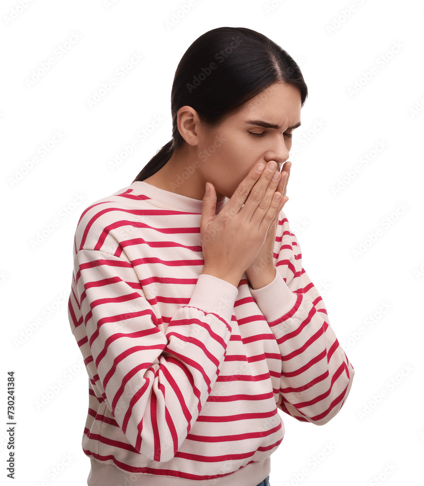 Woman coughing on white background. Cold symptoms Woman coughing on white background. Cold symptoms