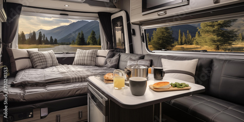 The interior of the RV camper van features a table and a bed, along with provisions for food, tableware, and even a window for enjoying the view. It's like a tiny movable house with a touch of art and photo
