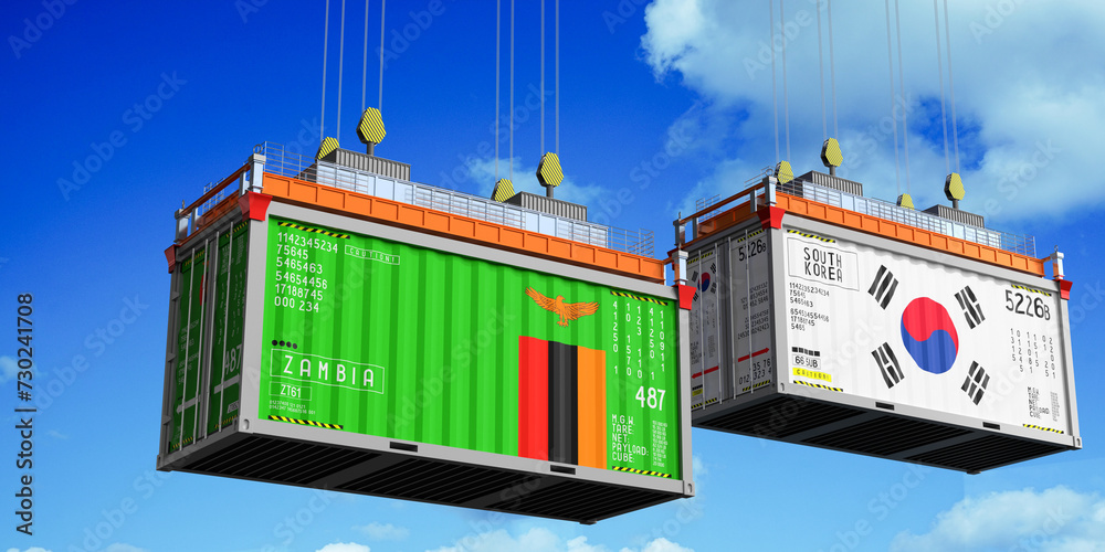 Shipping containers with flags of Zambia and South Korea - 3D illustration