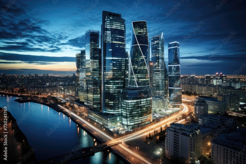 Obraz premium Twilight Cityscape with Modern Skyscrapers