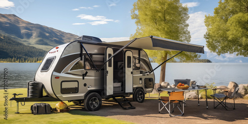 A small RV with an awning is parked next to a lake, its tires resting on the asphalt, beneath the towering trees, under a cloud-speckled sky.