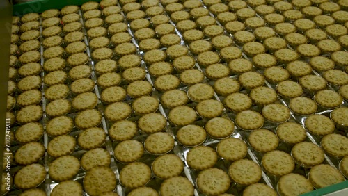 Mince pies on a production line in a factory
