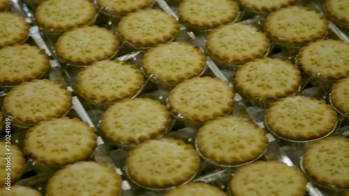 Mince pies on a production line in a factory
