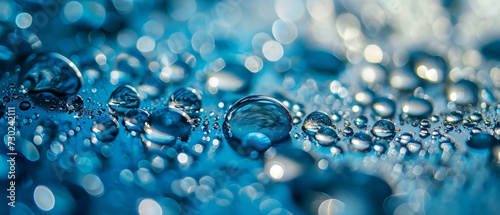 Vibrant blue backdrop with crystal clear water droplets