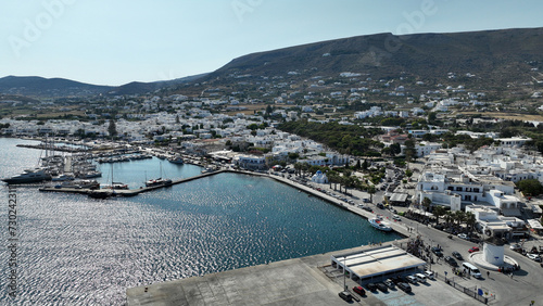 Aerial drone photo of traditional whitewashed picturesque main village of Paroikia or hora with unique Cycladic architecture, Paros island, Cyclades, Greece