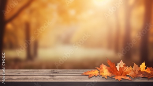 Autumn background with falling leaves and empty wooden table, ideal for product placement. Neural network AI generated art