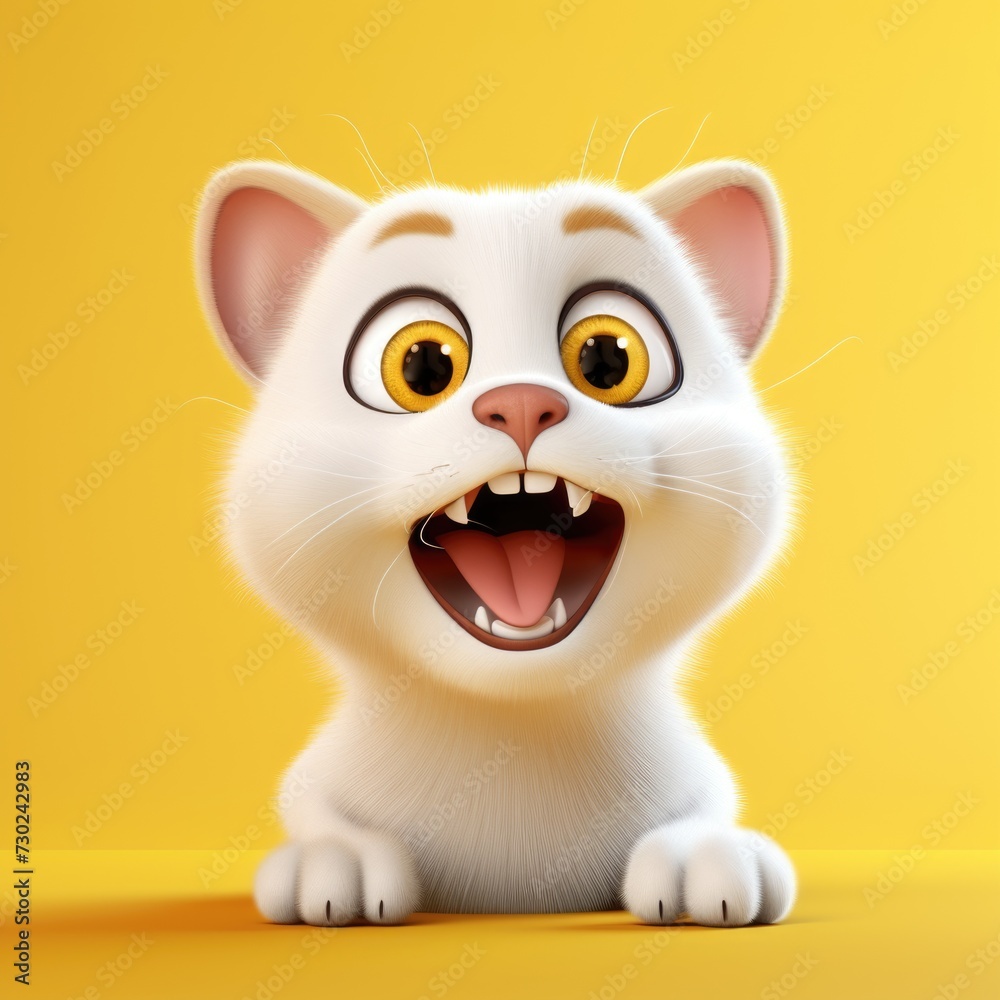 Excited White Cat on Yellow Background Excited White Cat on Yellow Background