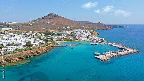 Fototapeta Naklejka Na Ścianę i Meble -  Aerial drone photo of small port and beach of Piso livadi in island of Paros, Cyclades, Greece