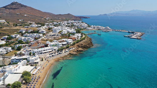 Aerial drone photo of small port and beach of Piso livadi in island of Paros  Cyclades  Greece