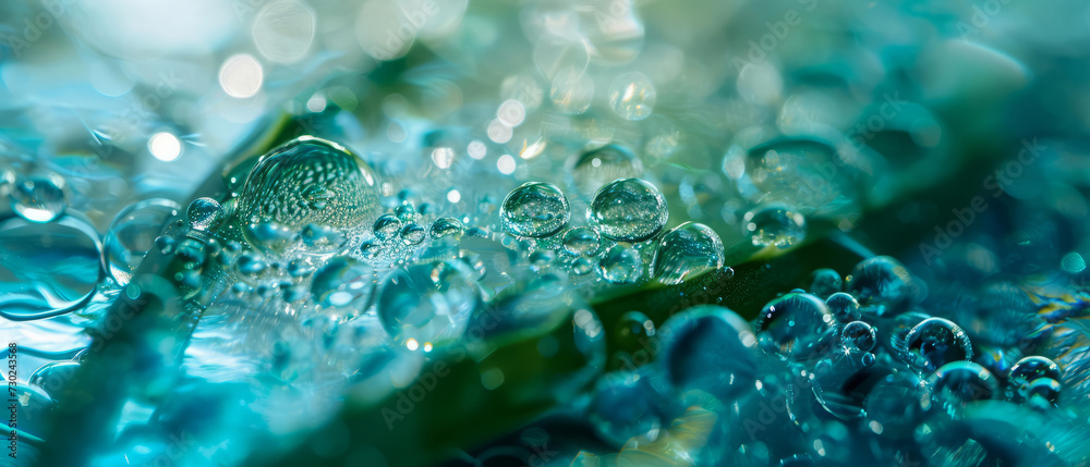 A detailed view of a vibrant green aloe vera plant covered in glistening water droplets
