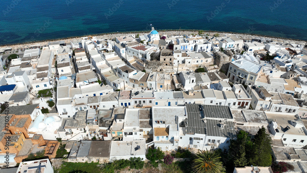 Aerial drone photo of traditional settlement and Frankish Castle of Paroikia with unique Cycladic architecture, Paros island, Cyclades, Greece