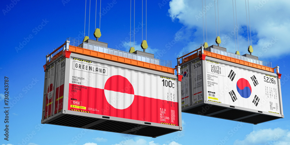 Shipping containers with flags of Greenland and South Korea - 3D illustration