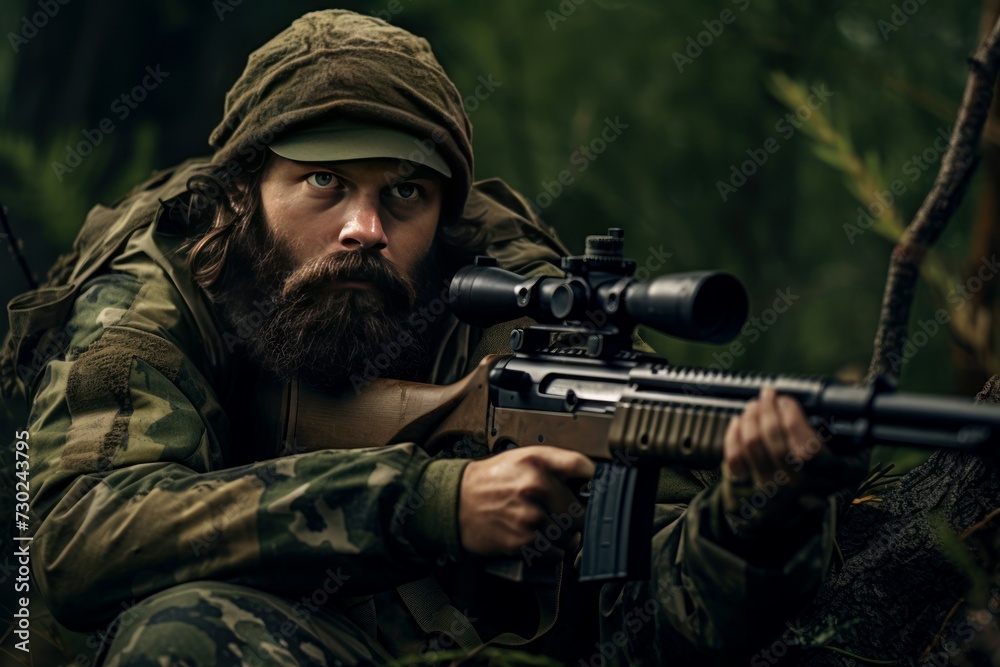 Man wearing camouflage and aiming with hunting rifle in forest. Outdoor ammo game hunter. Generate Ai