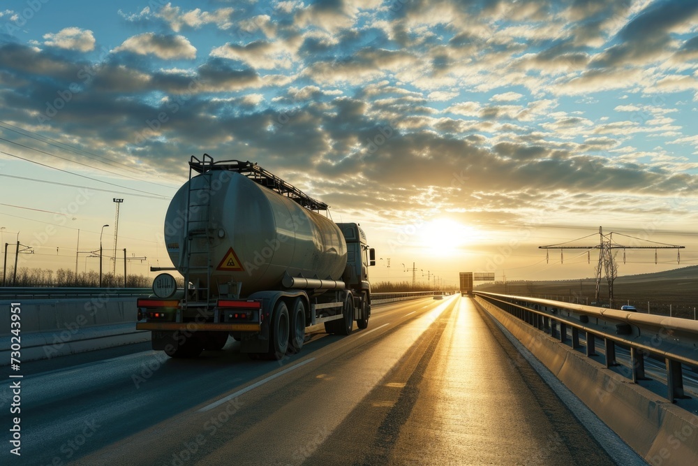 Tanker truck for the transport of bulk cement circulating on a highway.