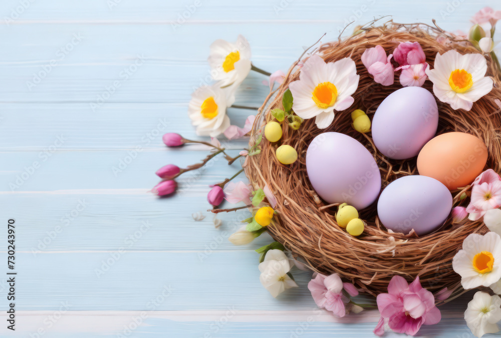 pastel easter eggs in nest with flowers, on wood background, top view