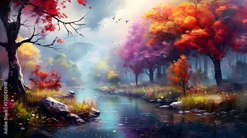 autumn landscape with a lake,, landscape with trees and water