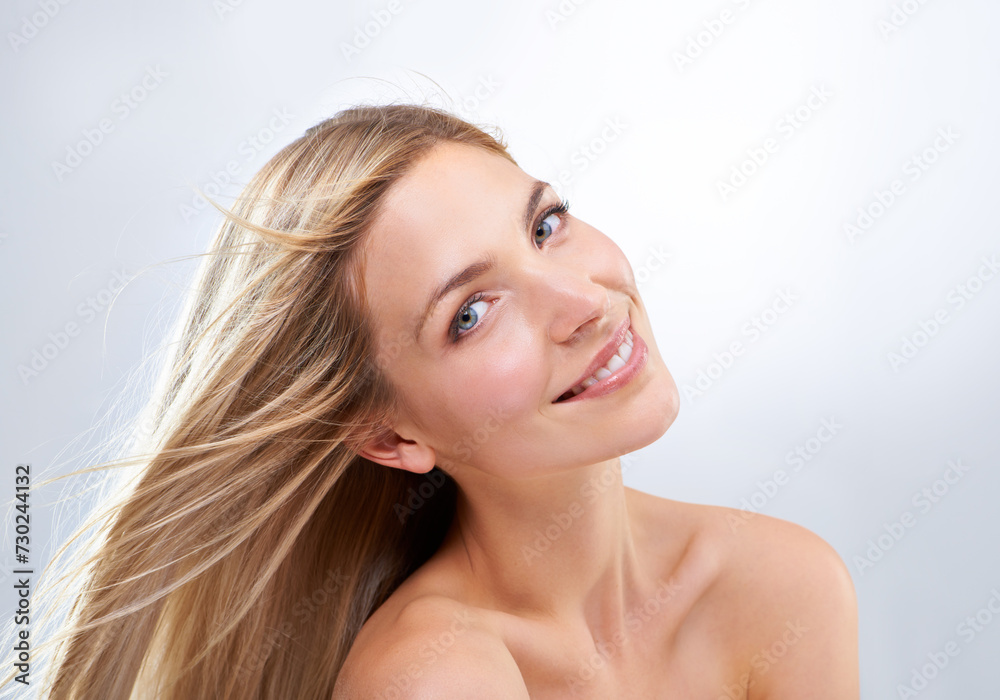 Smile, hair and portrait of woman in studio with natural makeup, beauty and straight hairstyle. Haircare, cosmetics and happy model with keratin growth, wind and face of girl on white background. Smile, hair and portrait of woman in studio with natural makeup, beauty and straight hairstyle. Haircare, cosmetics and happy model with keratin growth, wind and face of girl on white background.