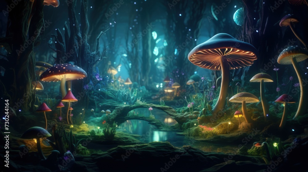 Magical forest with glowing mushrooms and creatures, transporting viewers to a whimsical and enchanting world