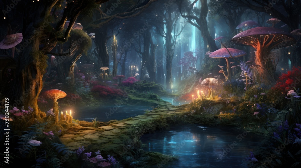 Mystical forest with fairies and sparkling magical elements, transporting viewers to a realm of fantasy and enchantment