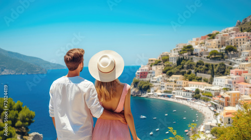 Beautiful couple admiring scenery while visiting small southern European town