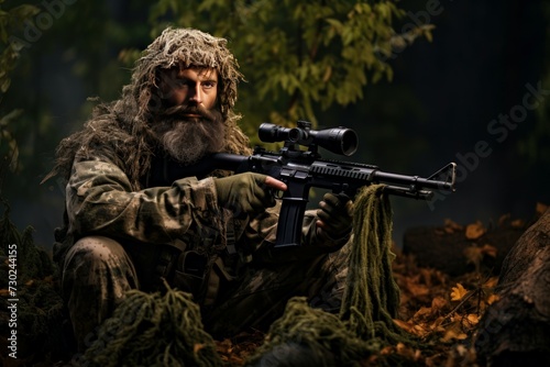 Stealthy Man wearing camouflage and aiming with hunting rifle in forest. Outdoor ammo game hunter. Generate Ai
