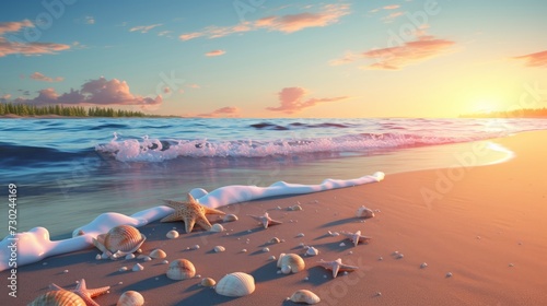 Beach with waves, seashells, and a shimmering sunset, creating a relaxing and coastal atmosphere