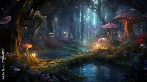 Mystical forest with fairies and sparkling magical elements  transporting viewers to a realm of fantasy and enchantment